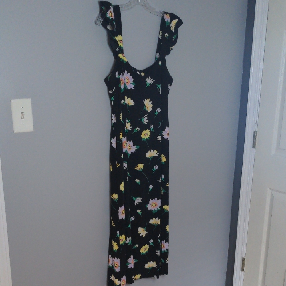 EUC✨LOFT black sleeveless midi dress with ruffled straps & yellow flowers - Picture 4 of 17